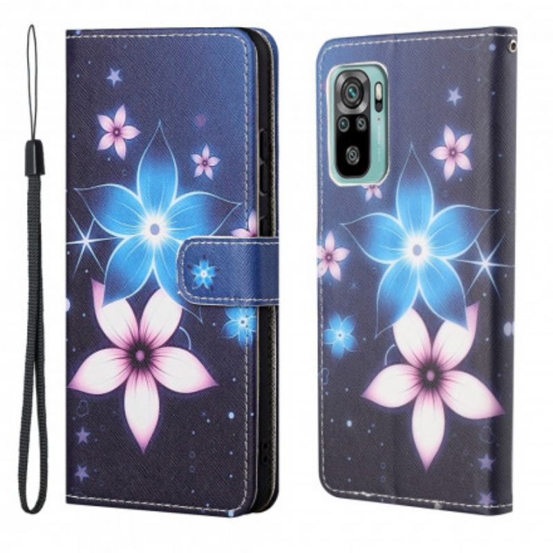 Capa De Couro Para Xiaomi Redmi 10 De Cordão Flores De Cinta Lunar