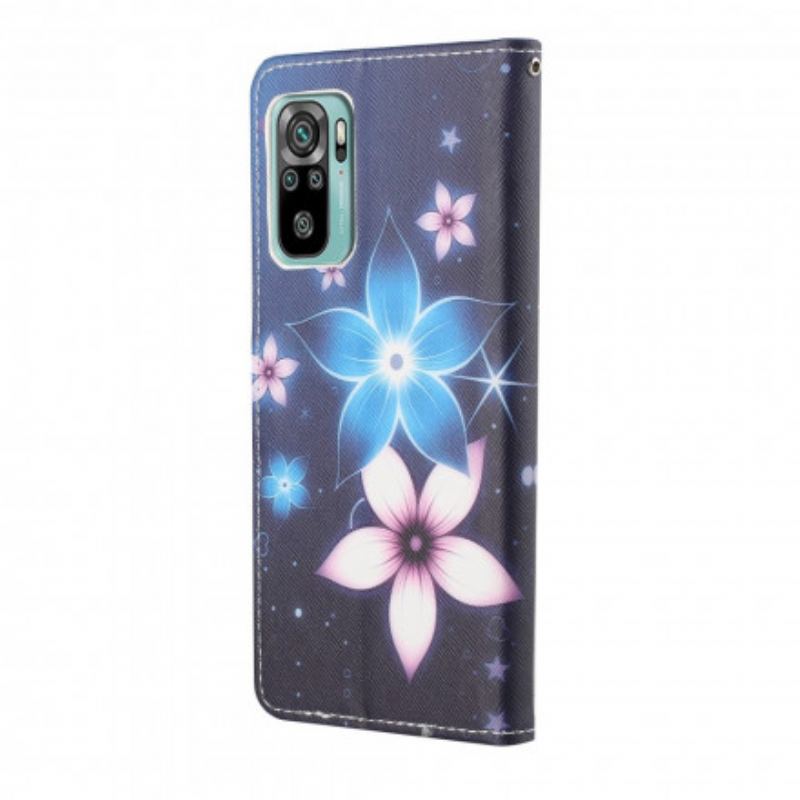 Capa De Couro Para Xiaomi Redmi 10 De Cordão Flores De Cinta Lunar