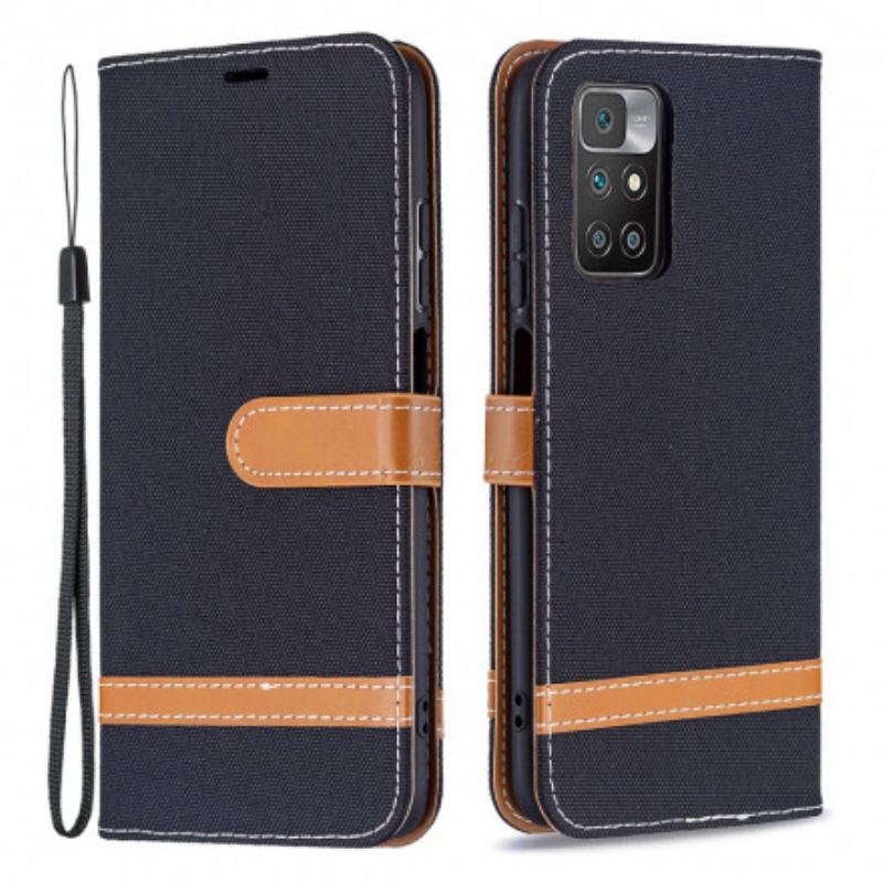 Capa Flip Para Xiaomi Redmi 10 De Cordão Correia Efeito Tecido E Couro