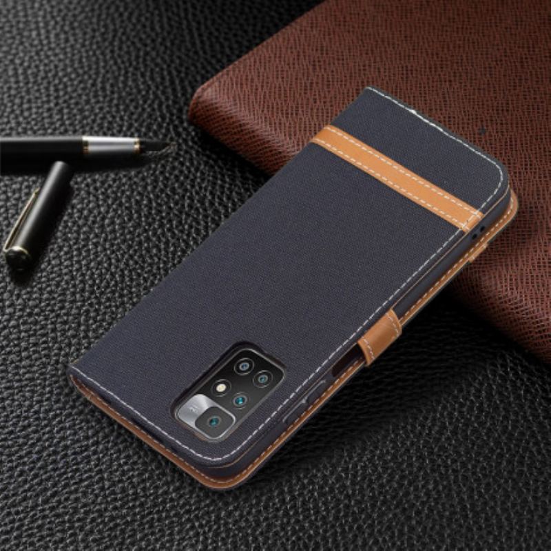 Capa Flip Para Xiaomi Redmi 10 De Cordão Correia Efeito Tecido E Couro