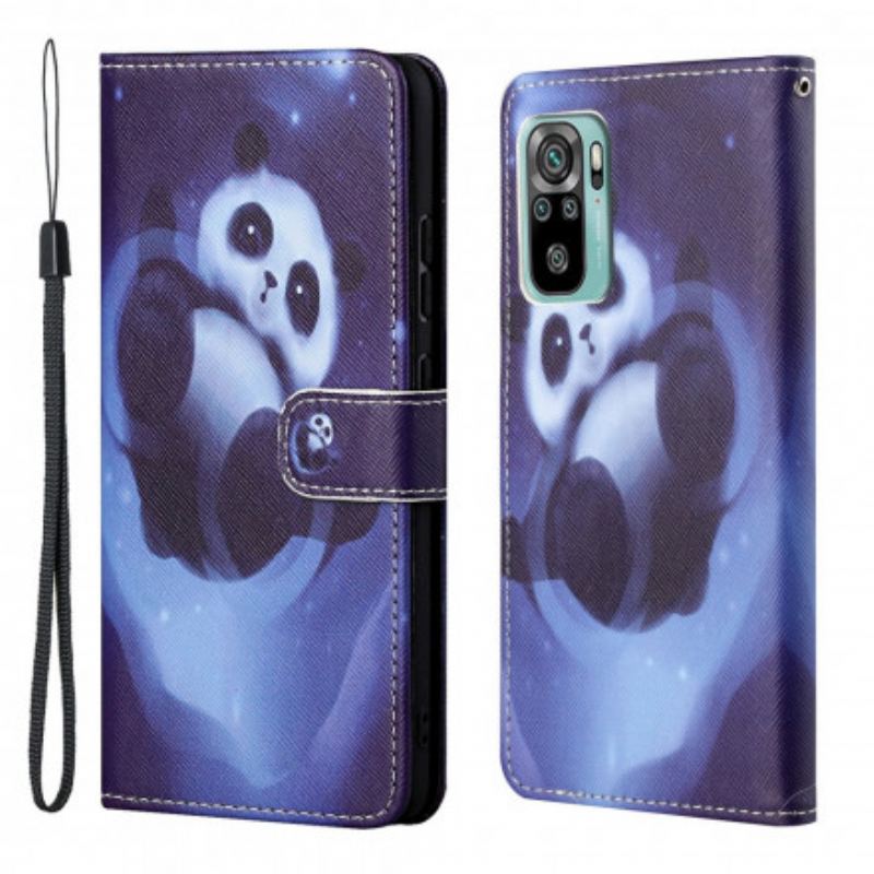 Capa Flip Para Xiaomi Redmi 10 De Cordão Espaço Panda Com Lanyard