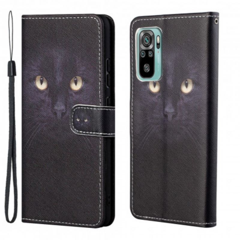 Capa Flip Para Xiaomi Redmi 10 De Cordão Olhos De Gato Preto Com Tiras