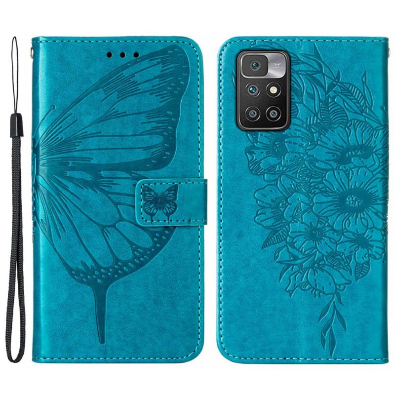 Capa Flip Para Xiaomi Redmi 10 Design De Borboleta Com Cordão