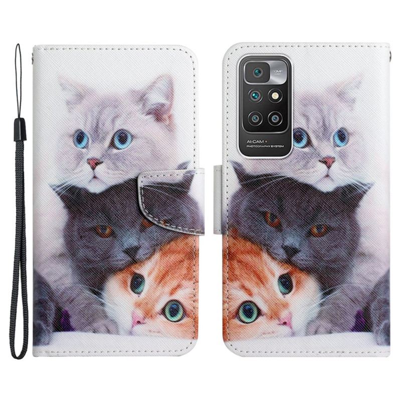 Capa Flip Para Xiaomi Redmi 10 Pilha De Lanyard Cats