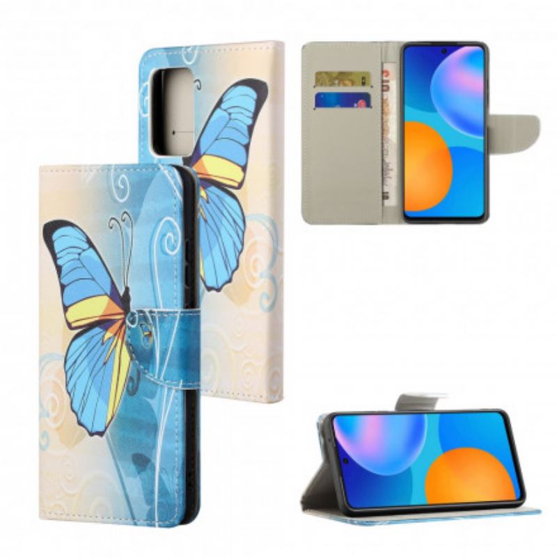 Capa Folio Para Xiaomi Redmi 10 Borboleta Azul E Amarela