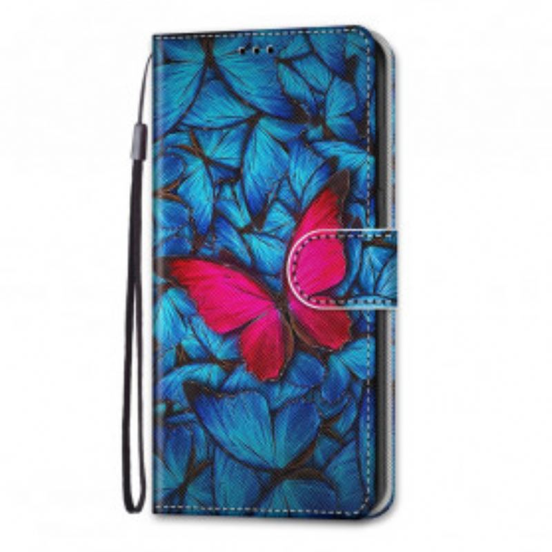 Capa Folio Para Xiaomi Redmi 10 Borboleta Vermelha Fundo Azul