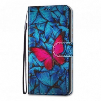 Capa Folio Para Xiaomi Redmi 10 Borboleta Vermelha Fundo Azul