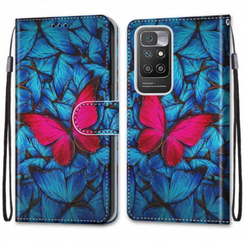 Capa Folio Para Xiaomi Redmi 10 Borboleta Vermelha Fundo Azul