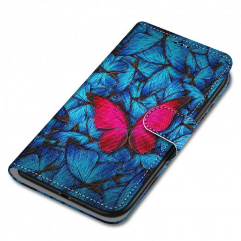 Capa Folio Para Xiaomi Redmi 10 Borboleta Vermelha Fundo Azul