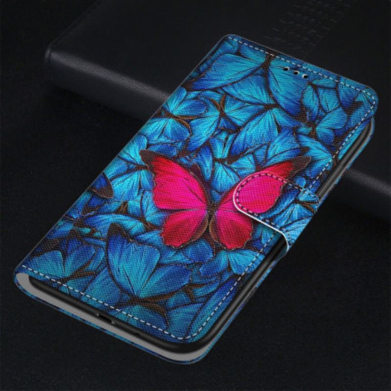 Capa Folio Para Xiaomi Redmi 10 Borboleta Vermelha Fundo Azul