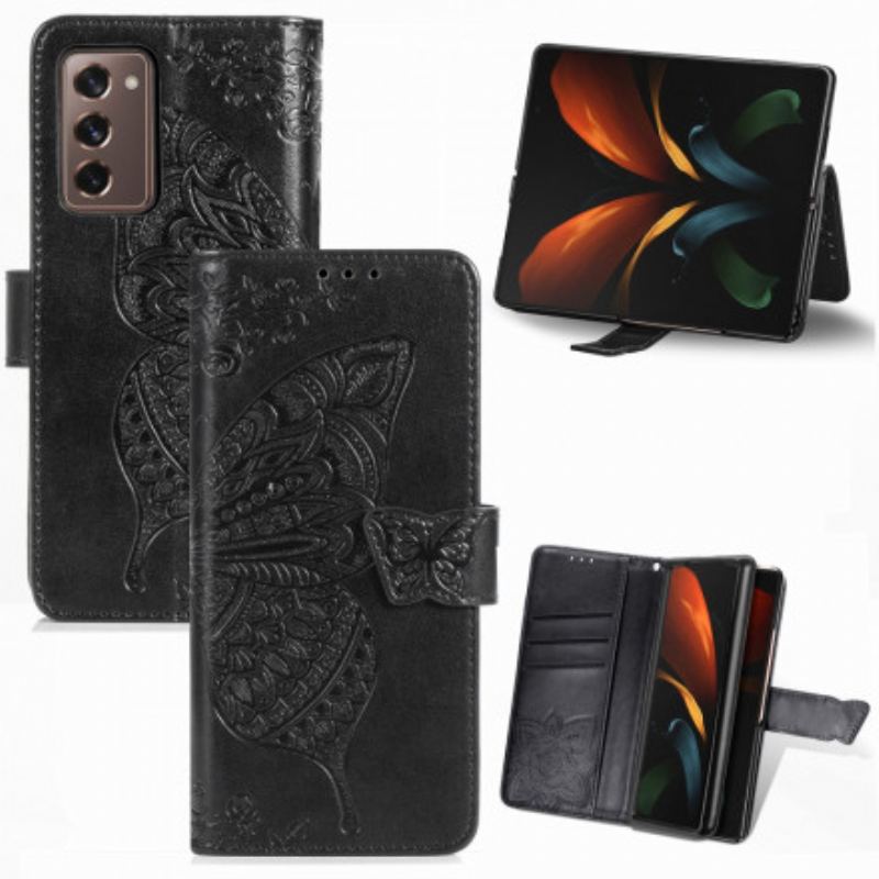 Capa Flip Para Samsung Galaxy Z Fold 2 Design De Borboleta Com Cordão