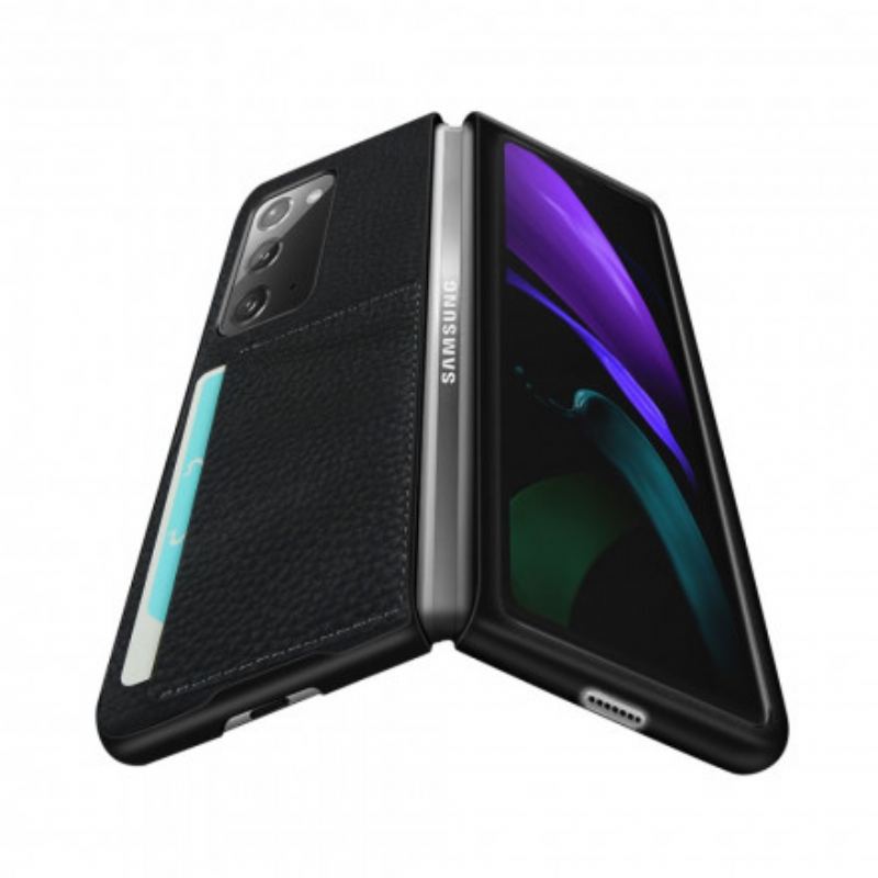 Capa Para Samsung Galaxy Z Fold 2 Couro De Lichia Genuíno Com Porta-cartões