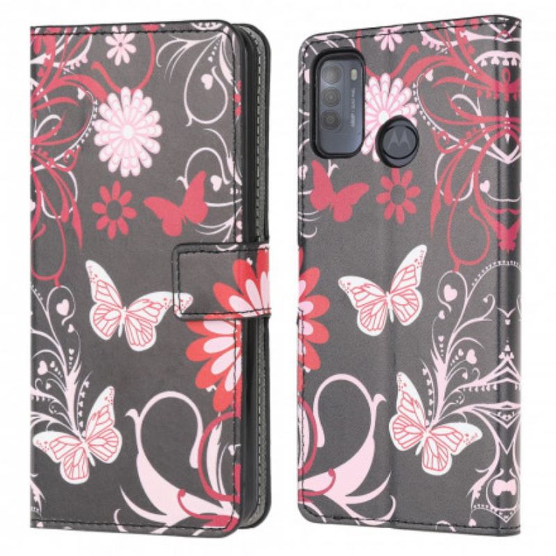 Capa Flip Para Moto G50 Borboletas E Flores