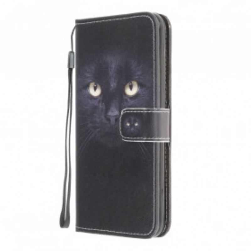 Capa Folio Para Moto G50 De Cordão Olhos De Gato Preto Com Tiras