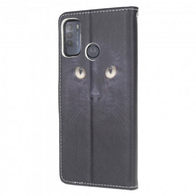 Capa Folio Para Moto G50 De Cordão Olhos De Gato Preto Com Tiras