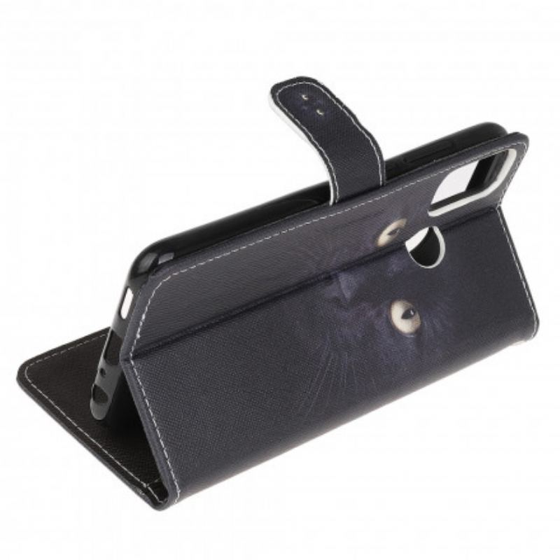 Capa Folio Para Moto G50 De Cordão Olhos De Gato Preto Com Tiras