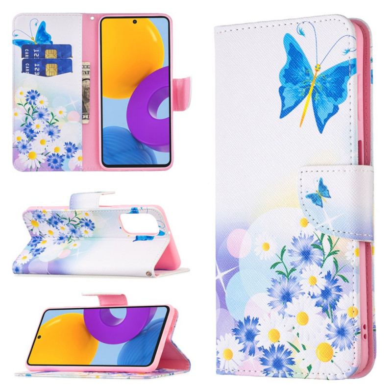 Capa De Couro Para Samsung Galaxy M52 5G Borboleta E Flores