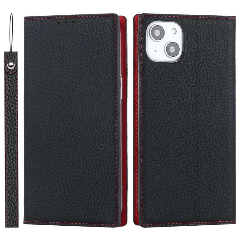 Capa De Celular Para iPhone 14 De Cordão Flip Correia De Couro Litchi Genuíno