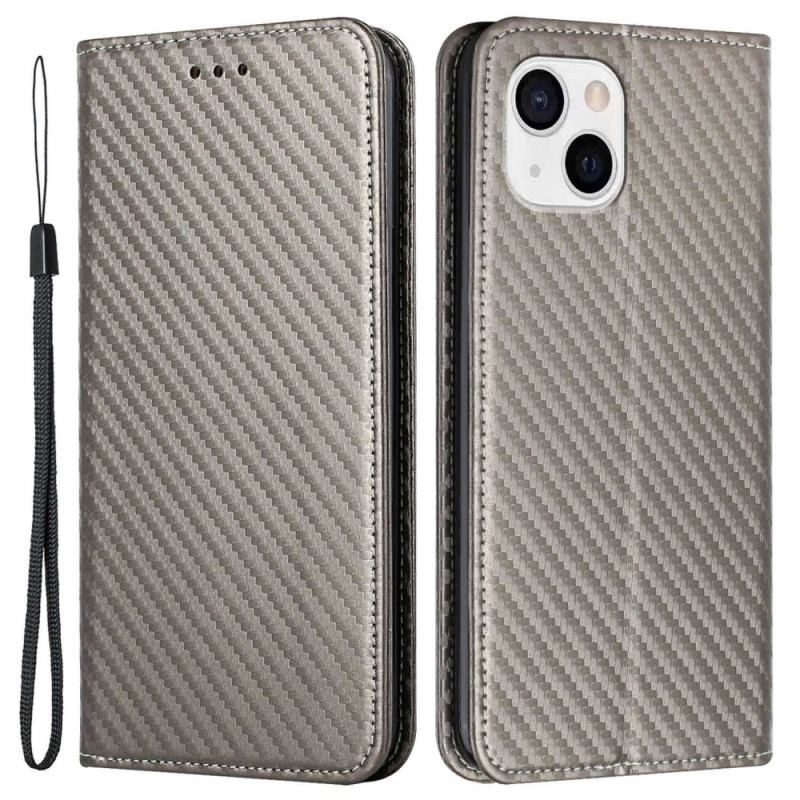 Capa De Celular Para iPhone 14 De Cordão Flip Estilo Strappy Fibra De Carbono