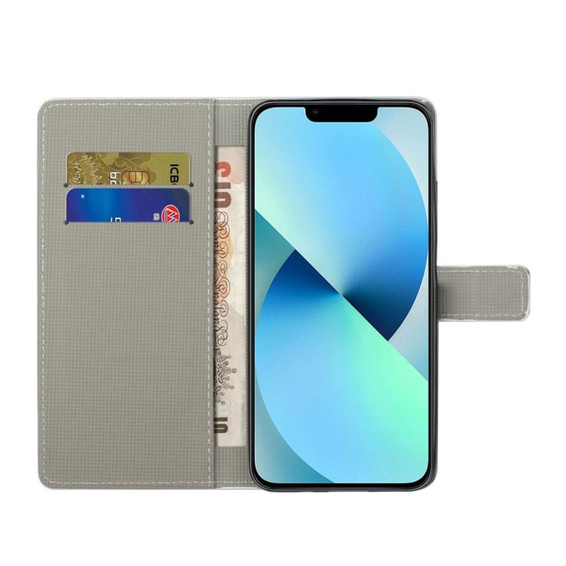 Capa De Couro Para iPhone 14 Borboleta Azul