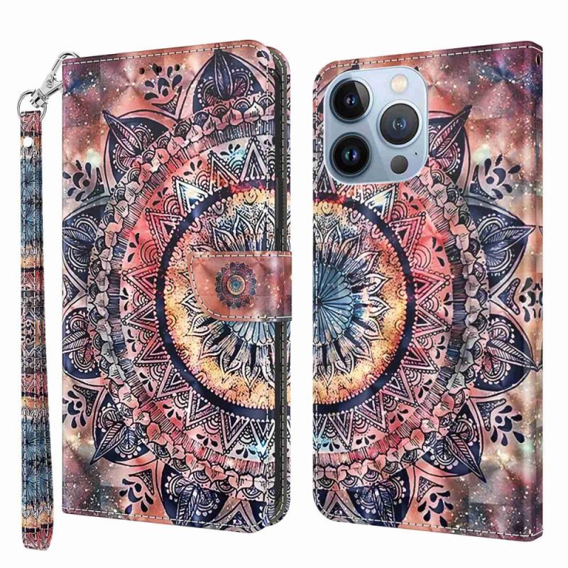 Capa De Couro Para iPhone 14 De Cordão Mandala Colorida Profissional Com Tiras