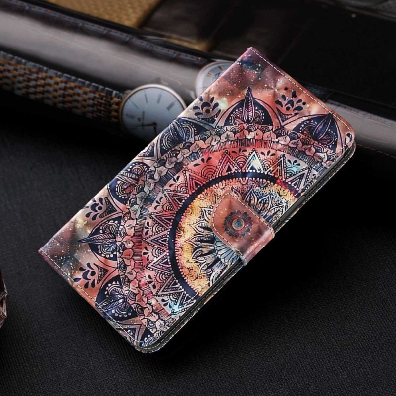 Capa De Couro Para iPhone 14 De Cordão Mandala Colorida Profissional Com Tiras