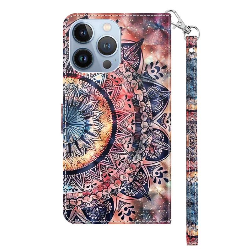 Capa De Couro Para iPhone 14 De Cordão Mandala Colorida Profissional Com Tiras