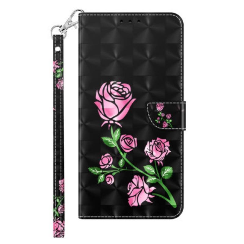 Capa De Couro Para iPhone 14 De Cordão Rosas De Alça