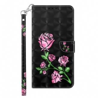 Capa De Couro Para iPhone 14 De Cordão Rosas De Alça