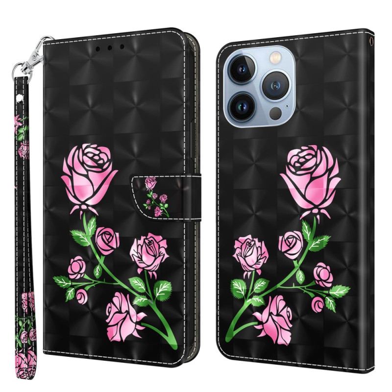 Capa De Couro Para iPhone 14 De Cordão Rosas De Alça