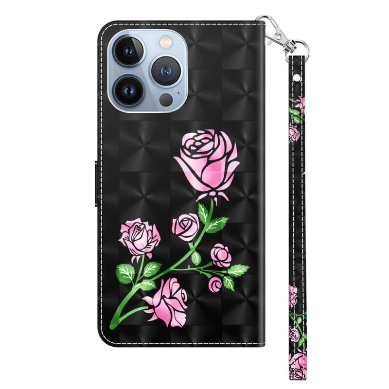 Capa De Couro Para iPhone 14 De Cordão Rosas De Alça