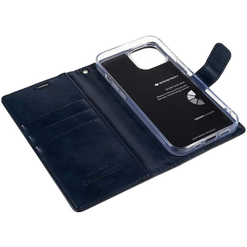 Capa De Couro Para iPhone 14 Lua Azul Mercúrio Goospery