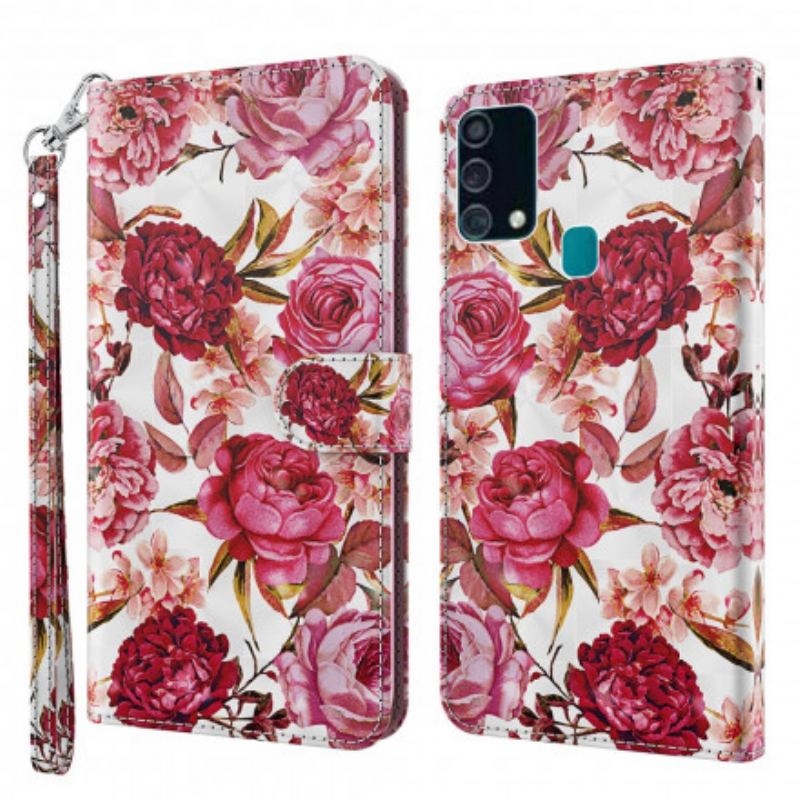 Capa De Couro Para Samsung Galaxy A32 5G Rosas Light Spot Com Cordão