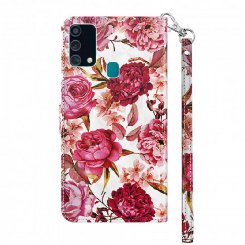 Capa De Couro Para Samsung Galaxy A32 5G Rosas Light Spot Com Cordão