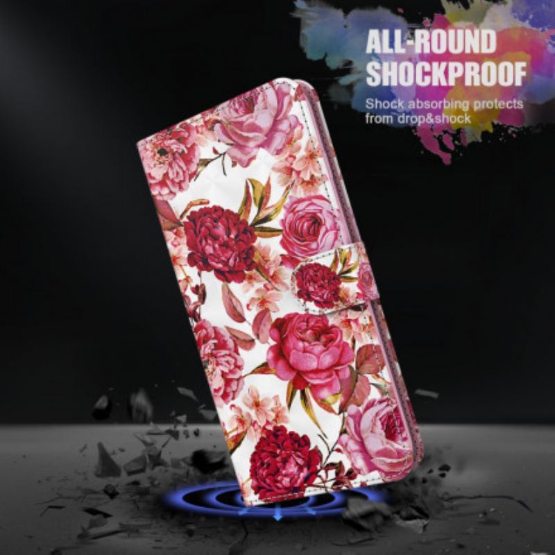 Capa De Couro Para Samsung Galaxy A32 5G Rosas Light Spot Com Cordão