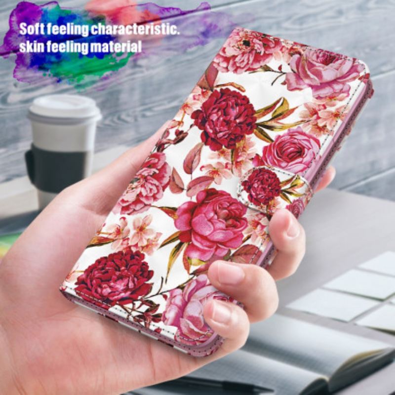 Capa De Couro Para Samsung Galaxy A32 5G Rosas Light Spot Com Cordão