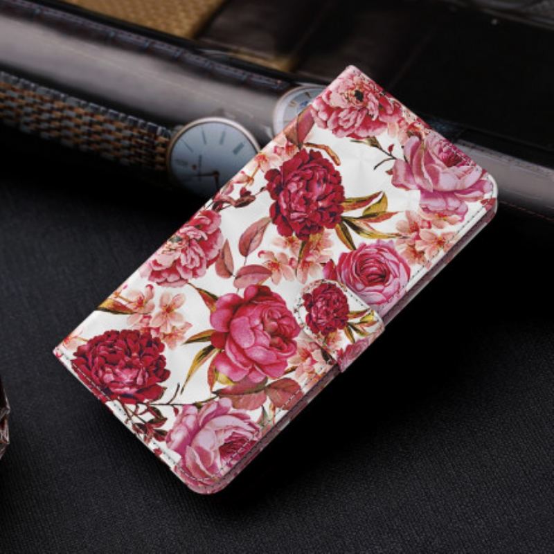 Capa De Couro Para Samsung Galaxy A32 5G Rosas Light Spot Com Cordão