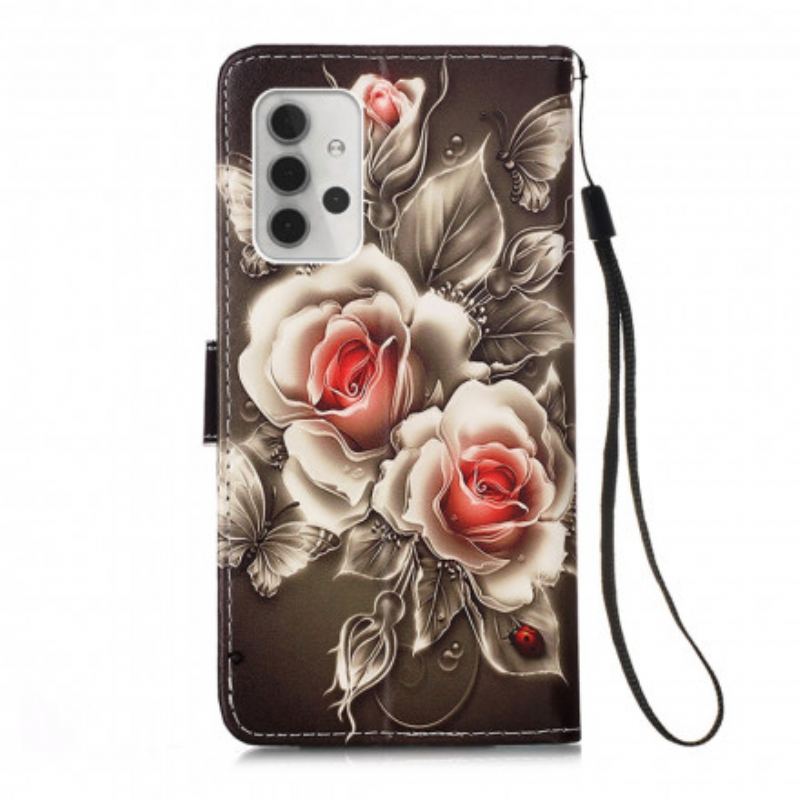 Capa Folio Para Samsung Galaxy A32 5G Rosas Douradas