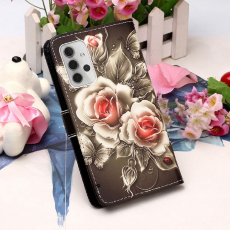 Capa Folio Para Samsung Galaxy A32 5G Rosas Douradas