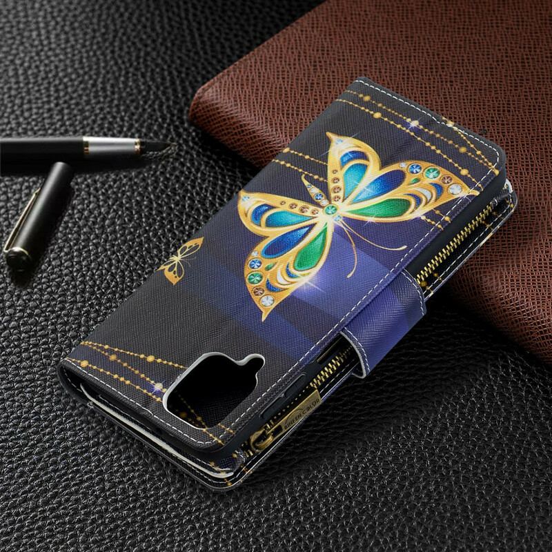 Capa De Couro Para Samsung Galaxy M12 / A12 Bolso Com Zíper De Borboletas