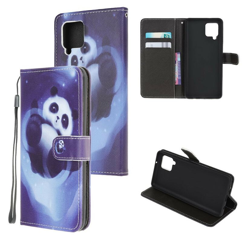 Capa De Couro Para Samsung Galaxy M12 / A12 De Cordão Espaço Panda Com Lanyard