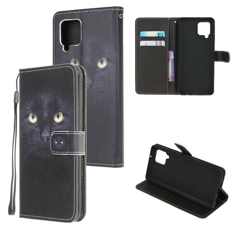 Capa De Couro Para Samsung Galaxy M12 / A12 De Cordão Olhos De Gato Preto Com Tiras