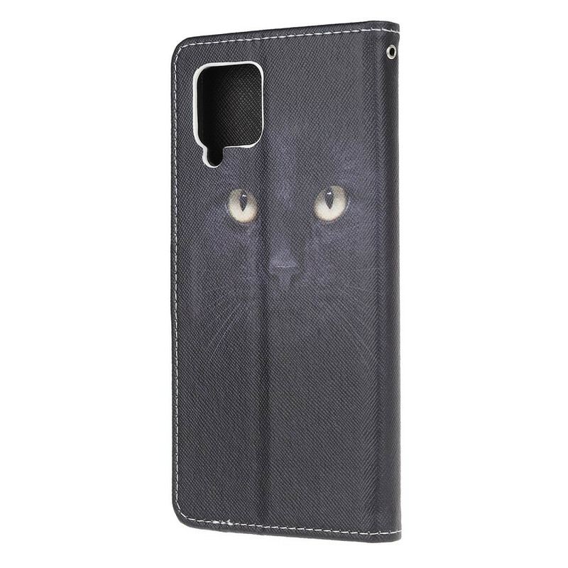 Capa De Couro Para Samsung Galaxy M12 / A12 De Cordão Olhos De Gato Preto Com Tiras