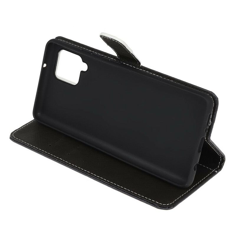 Capa De Couro Para Samsung Galaxy M12 / A12 De Cordão Olhos De Gato Preto Com Tiras