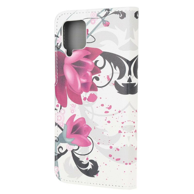 Capa De Couro Para Samsung Galaxy M12 / A12 Flores Tropicais