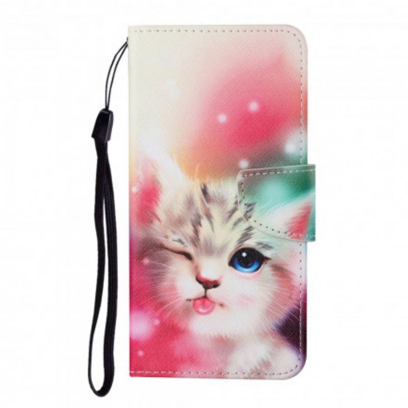 Capa De Couro Para Samsung Galaxy M12 / A12 Histórias De Gatos Com Cordão