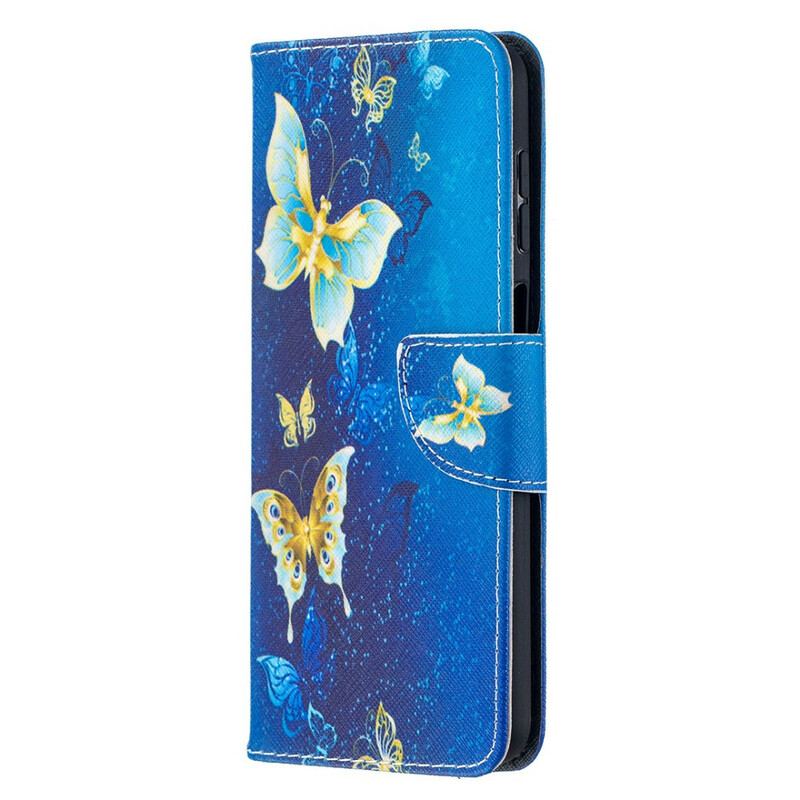 Capa Em Pele Para Samsung Galaxy M12 / A12 Borboletas Douradas