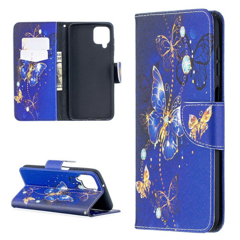 Capa Em Pele Para Samsung Galaxy M12 / A12 Borboletas Douradas