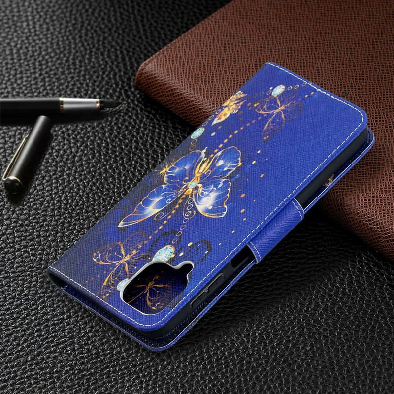 Capa Em Pele Para Samsung Galaxy M12 / A12 Borboletas Douradas