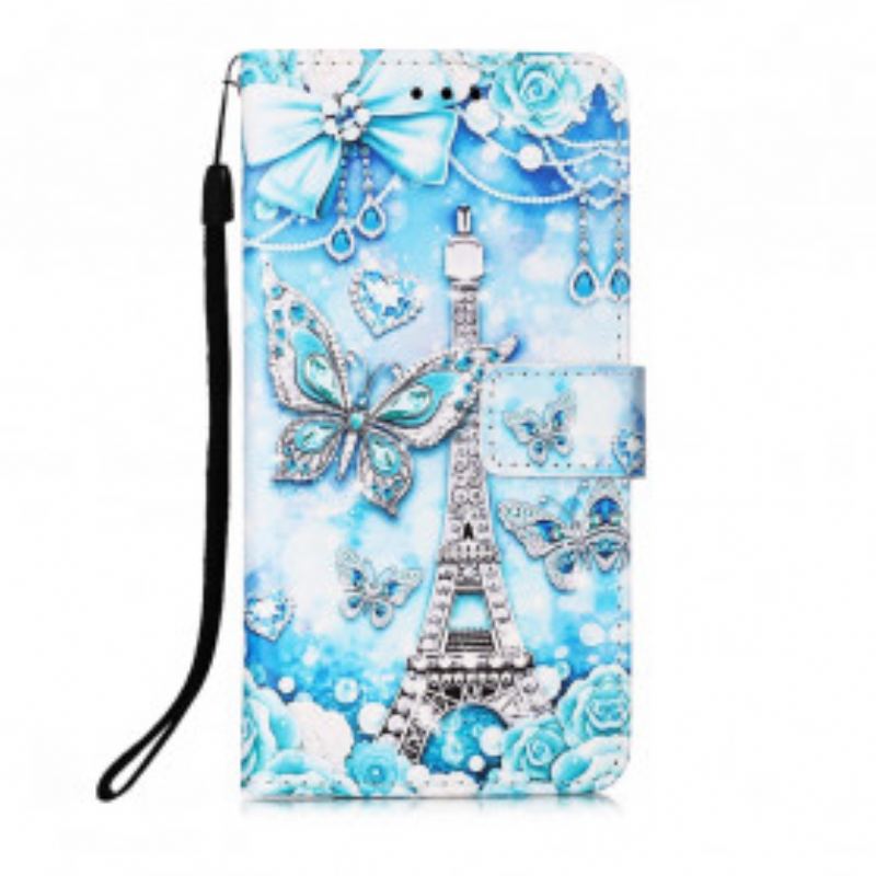 Capa Em Pele Para Samsung Galaxy M12 / A12 De Cordão Correia Borboleta Torre Eiffel